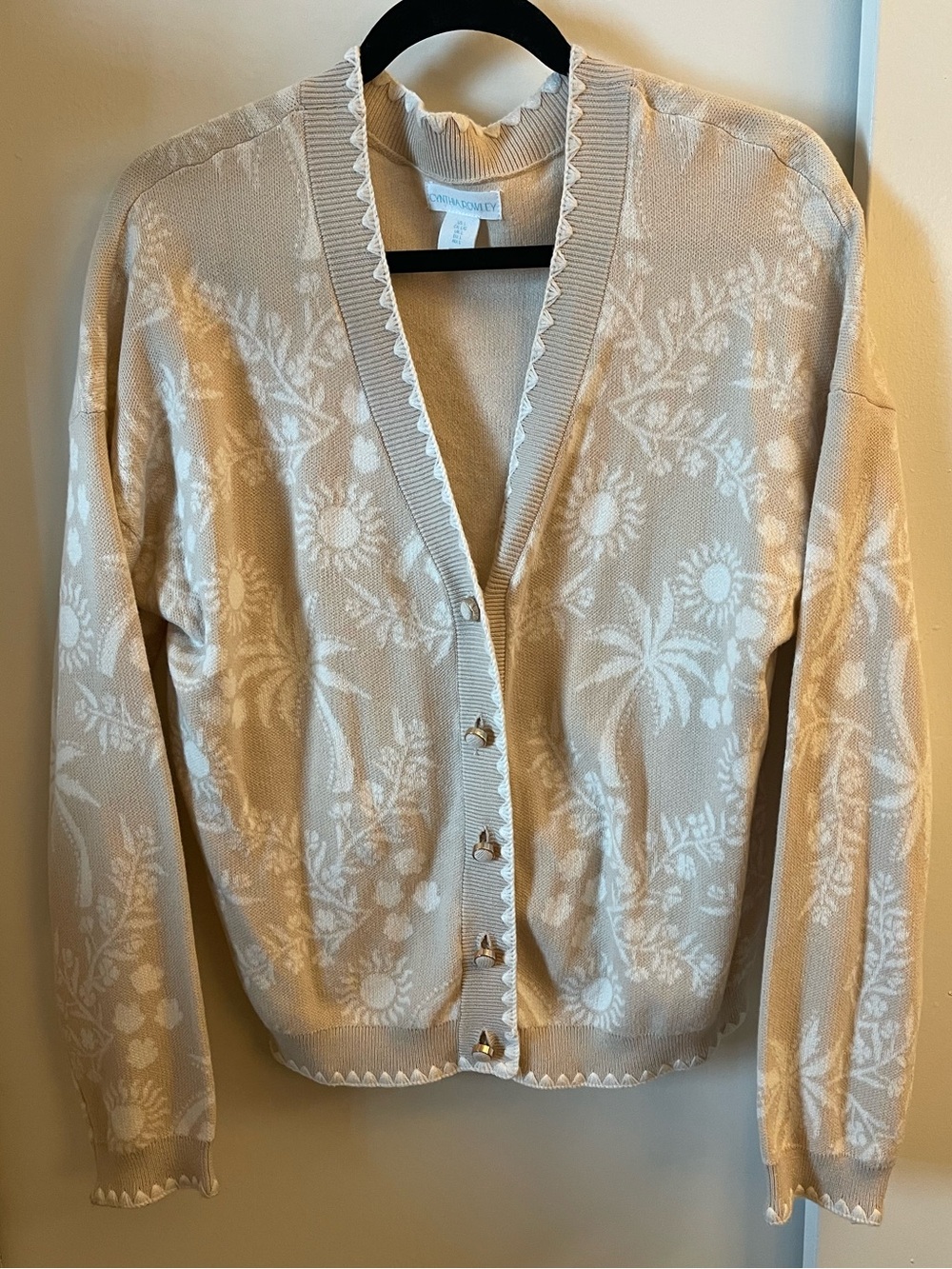 Cynthia Rowley Beige and White Floral V-Neck Button Cardigan